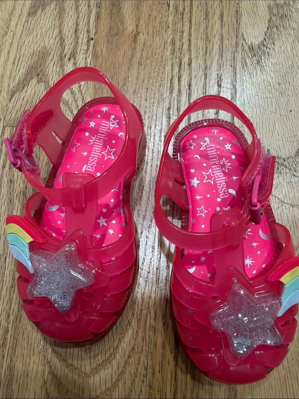 Mini Melissa Hot Pink Jelly Sandals with Glitter Star and Rainbow